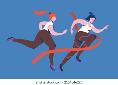 Female runner cross the finish line. Running women. Sport winner. Running competition, healthy lifestyle, sport, activity, marathon. Vector illustration