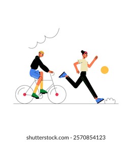 Female Runner And Cyclist In Flat Vector Illustration Symbolizing Speed, Fitness, And Active Lifestyle, Isolated On White Background