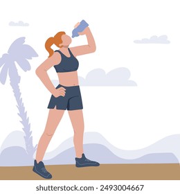 Female runner drinking water from a bottle. Hydration after sports training, outdoor exercise. Active outdoor runner standing with flask. Flat vector illustration isolated on white background