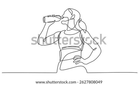 Female Runner Drinks Water Continuous Line Drawing. Woman Sport Trendy Minimalist Vector Illustration. Woman Drinks One Line Abstract Drawing Minimalist Contour Style for Sport, Fitness Design. Not AI