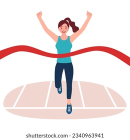 Female runner finish line in flat design on white background. Marathon runner.