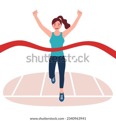 Female runner finish line in flat design on white background. Marathon runner.