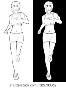 Female runner. Line drawing on white and black background. For web, info graphic.