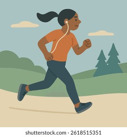 Female runner listening to music, navigating tree-lined path with energetic stride during morning workout in sunlit urban park
