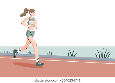 Female runner on track in flat style. Running for fitness, health, race training, and active lifestyle. Ideal for banner or background.