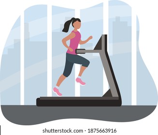 Female runner on a treadmill. Athletic training every day, healthy lifestyle. Sports in the fitness center against the backdrop of the big city. comfortable clothes for sports. vector flat