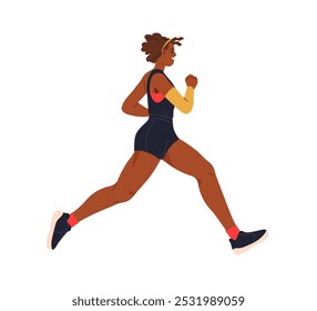 Corredor femenino corriendo. Mujer negra feliz, perfil del atleta de la muchacha, trotando, ejercitando. Entrenamiento de jogger activo y saludable, entrenamiento de resistencia deportiva. Ilustración vectorial plana aislada sobre fondo blanco