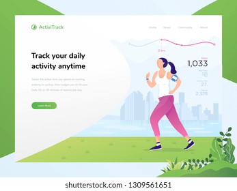 Female Runner Running In Park City Background With Gps Tracking For Daily Activity Flat Style Illustration Vector Sport Mobile App For Healthy Life Homepage Template Hero Image Landing Page