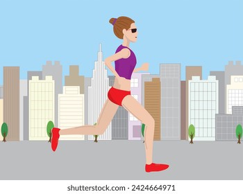 A female runner runs through the city during a marathon event.