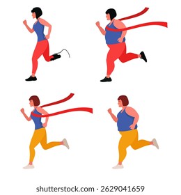 A female runner. Set. A woman crosses the red finish line. An overweight woman is running. A woman on a run. A woman runs with a prosthetic leg.