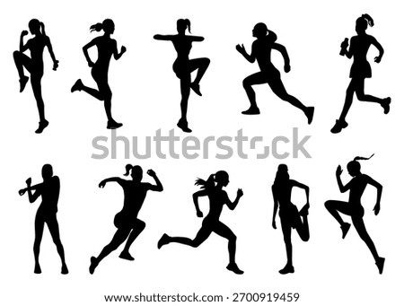 Female runner silhouette vector set with dynamic athletic poses