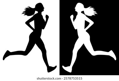 Female Runner Silhouettes. Strength in Motion. Vector illustration isolated on black and white background.