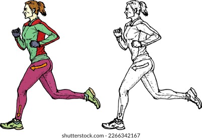 Female runner in tracksuit run forward, isolated against white. Hand drawn vector illustration.