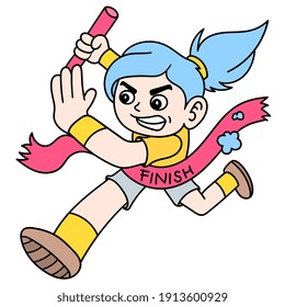 female runner to win Olympics across the finish line ribbon, doodle draw kawaii. vector illustration art