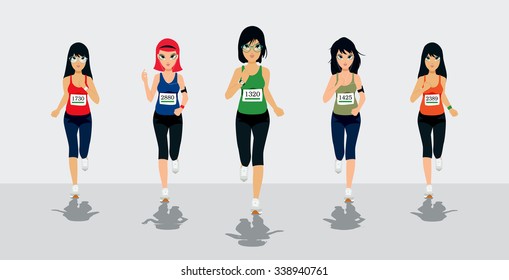 Female runners running competition with white background.