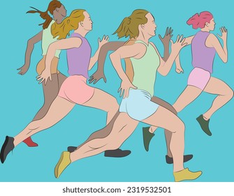Female runners. sporty women. Outline marathon running. Workout womens.