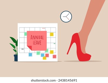 Female running from calendar with annual leave note. Schedule reminder of annual leave. Flat vector illustration.