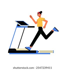 Mujer Que Corre En La Cinta De Correr En La Ilustración vectorial Plana Que Simboliza La Aptitud, El Ejercicio Cardio, Y El Estilo De Vida Saludable, Aislado En El Fondo Blanco