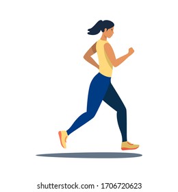 Female is running in park flat vector illustration. Outdoor workout. Isolated cartoon character on on white background.