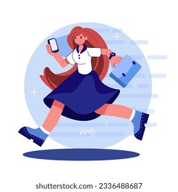 Female running to work. Wise timing concept. Time organization and management concept. Effective work scheduling concept. Flat vector illustration in cartoon style