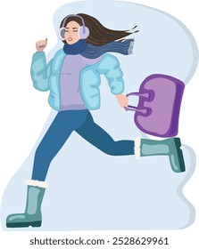 Female runs with a shopping bag in a down jacket, scarf, earmuffs, ugg boots vector simple illustration. Running woman in winter clothes in flat vector style. Space for text. Design for banner.