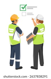 Female safety inspector reviewing checklist with factory staff during on site industrial permit inspection isometric