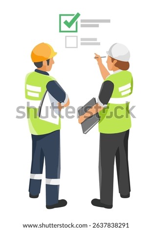 Female safety inspector reviewing checklist with factory staff during on site industrial permit inspection isometric