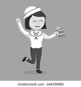 female sailor with beer black and white style