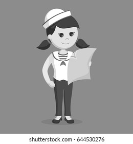 female sailor looking at map black and white style