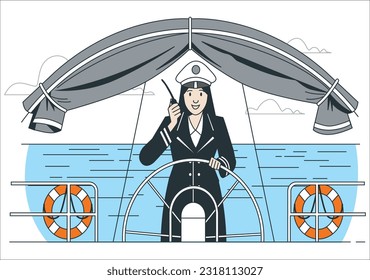 female sailor with ship steering wheel. Woman at the helm watch forward illustration. vector illustration of a traditional ship captain piloting her ship in the ocean.