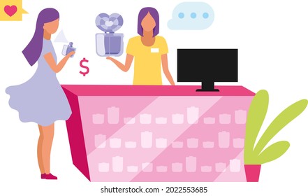 Female sales assistant offering perfume semi flat color vector characters. Full body people on white. Perfume business isolated modern cartoon style illustration for graphic design and animation