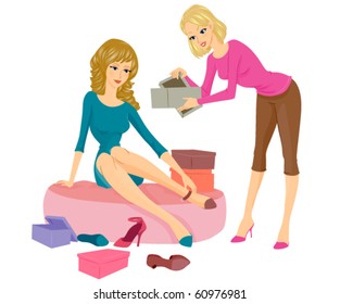 A Female Sales Clerk Assisting a Woman Sitting on a Cushy Seat while Trying on Some Shoes - Vector