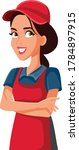 Female Sales Clerk Supermarket Employee Standing With Arms Crossed. Grocery store worker greeting clients with friendly smile
