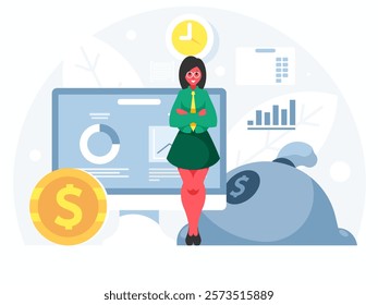 Female sales manager. Businesswoman stands with arms crossed on chest. Standing confident woman in a suit and tie. Financial statements. Display with reporting on the background of a bag of money