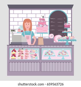Female sales person standing behind the counter of a confectionery store. Vector illustration