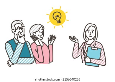 Female salesman explained to senior couples [Vector illustration material]