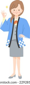 Female salesperson in a legal coat guiding with a smile