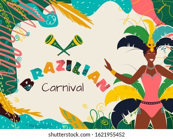 Female Samba Dancer with Party Horn on Creative Colorful Abstract Background for Brazilian Carnival Celebration.