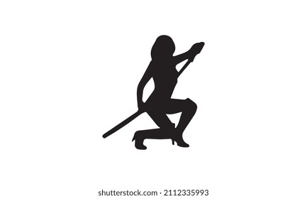 a female samurai with demonic horns in a pointed hat, and three swords vector illustration