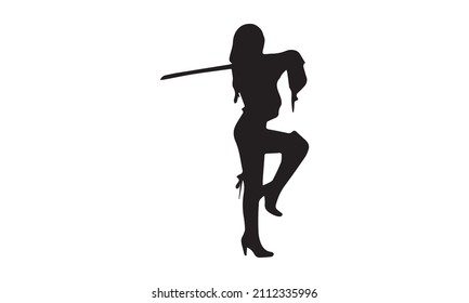 a female samurai with demonic horns in a pointed hat, and three swords vector illustration