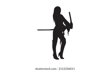a female samurai with demonic horns in a pointed hat, and three swords vector illustration