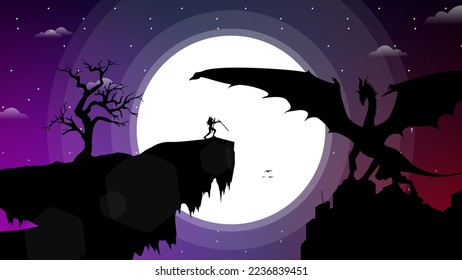 female samurai fighting dragon. urban samurai fighting dragon. knight with swords against dragon in a cliff. knight with swords fighting dragon at night. full moon illustration background.