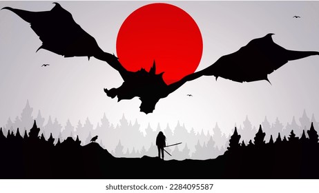 female samurai holding sword to attack. samurai girl anime wallpaper. samurai girl versus dragon illustration. landscape fantasy walpaper.