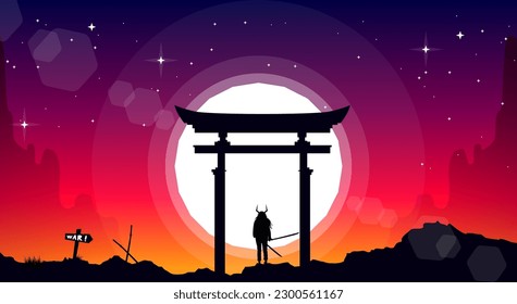 female samurai holding sword in front of traditional japanese gate. samurai wallpaper. landscape fantasy wallpaper. japanese samurai theme background. torii gate with female samurai. 