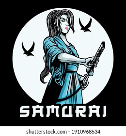 Female Samurai Illustration For Tshirt And Poster