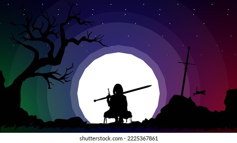 female samurai. silhouette of a person in the night. Japanese samurai warrior with a sword. Japan theme background. Samurai Background.	