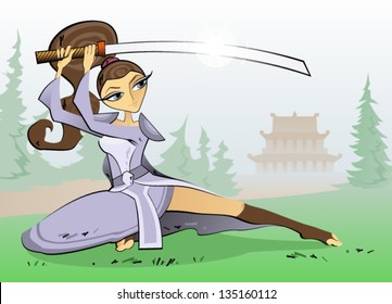 Female Samurai/ The vector illustration of the Female Warrior with Samurai Sword