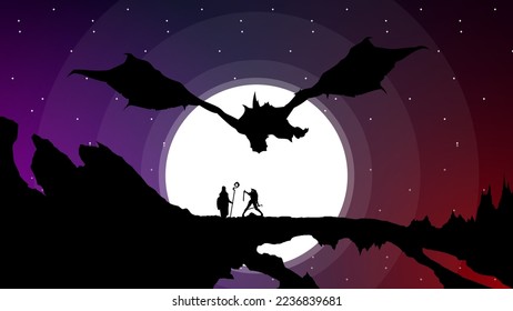 female samurai and witch versus dragon illustration. samurai fight with sword. fantasy wallpaper with mythological animal.