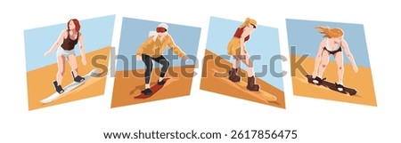 Female sandboarding player characters set. Flat cartoon vector illustration.