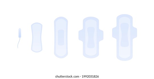 Juego de toallas sanitarias para mujeres. Ilustración moderna plana vectorial. Colección de almohadillas y símbolo tampón aislados en fondo blanco. Elemento de diseño.